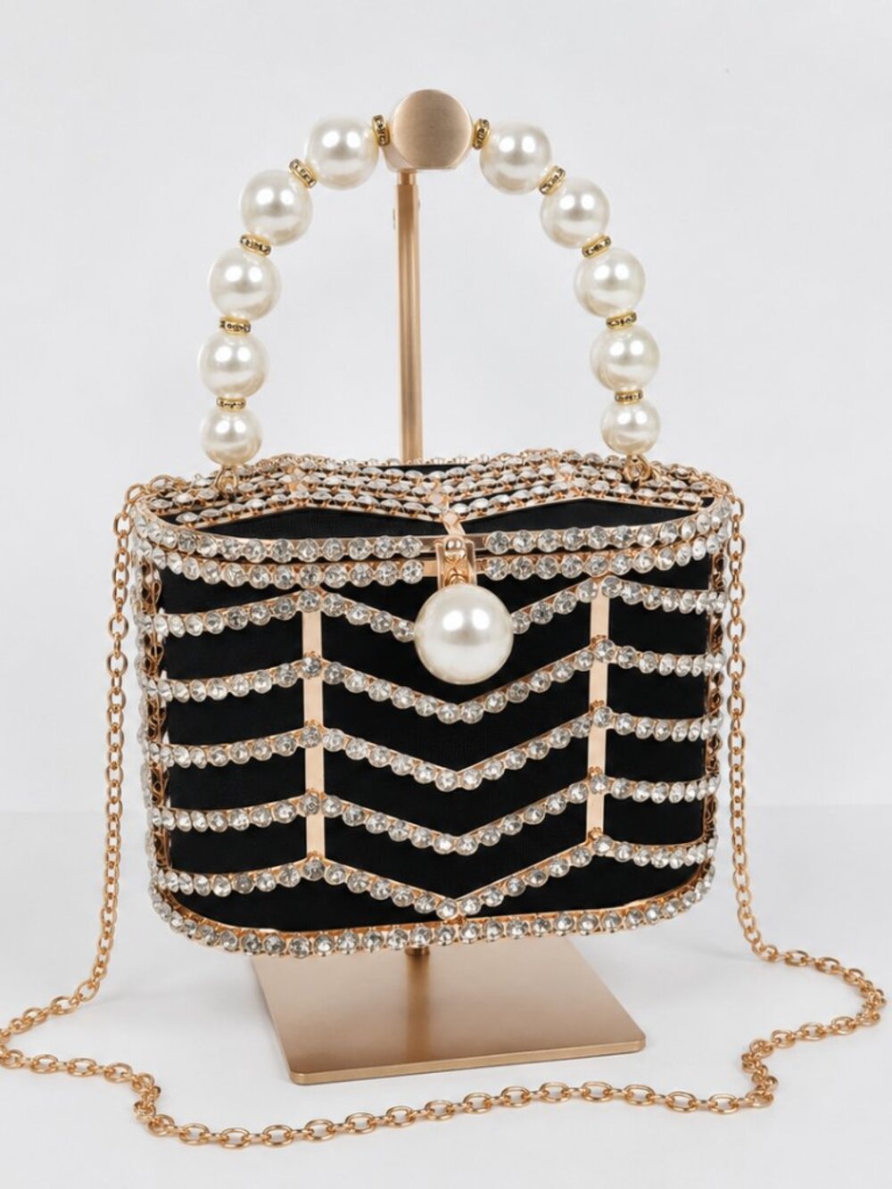 Glam Rhinestone & Pearl Cage Clutch Bag NWT Evening Purse